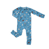Blue baby onesie with dog pattern on a white background