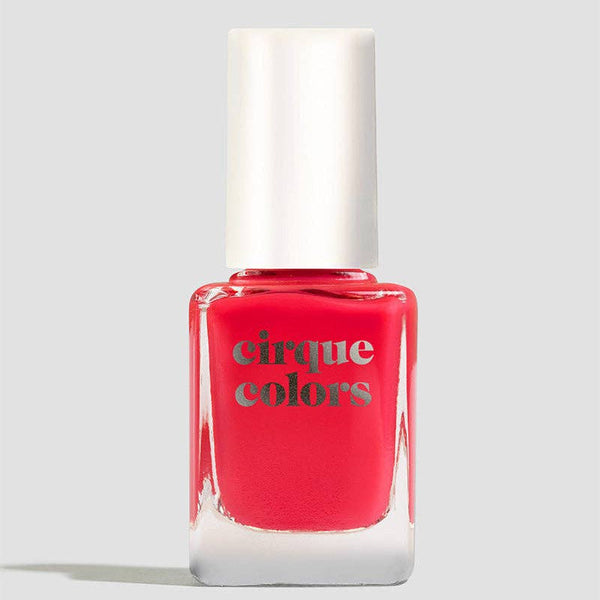 Watermelon pink nail polish bottle with 'cirque colors' branding on a light gray background