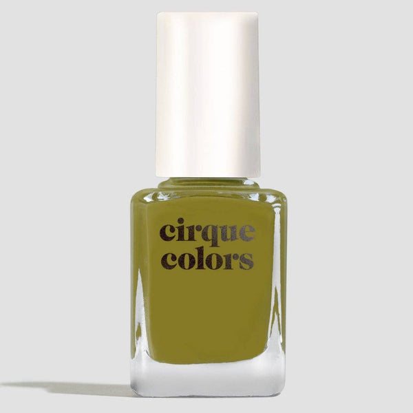 Cirque Colors nail polish bottle with a jelly olive green polish on a white background