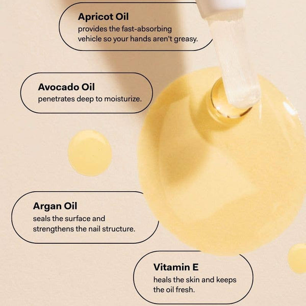 Nail oil with text highlighting ingredients and benefits on a beige background