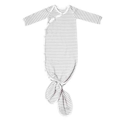Grey and white striped baby gown with a knot at the bottom on a white background