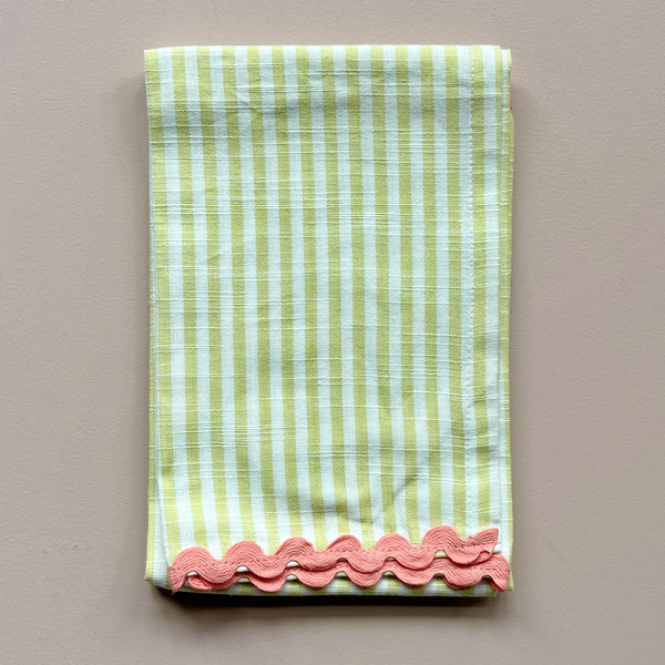 Woven Cotton Striped Tea Towel with Ric Rac Trim