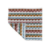 A washcloth with warm colors in a geometric woven pattern with one corner folded back against a white background.