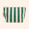 Green and white striped pouch with a visible brand tag on a white background