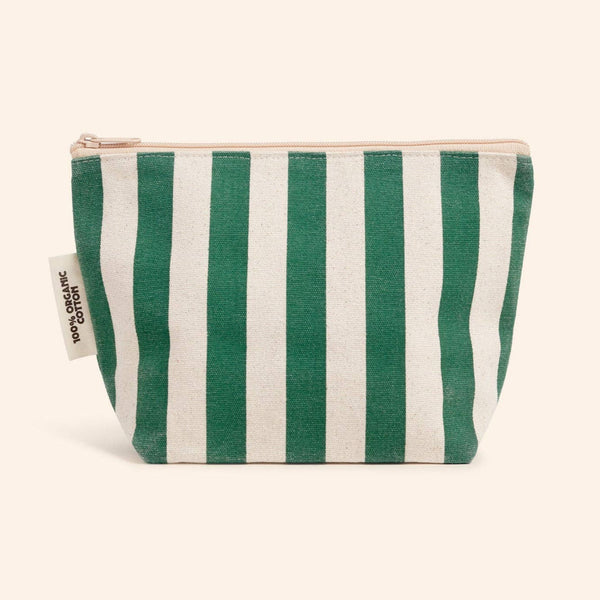 Green and white striped pouch with a visible brand tag on a white background