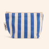 Blue and white striped pouch with a visible organic cotton tag on a white background