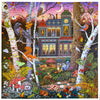 Colorful illustrated jigsaw puzzle of a house in a forest with animals and nature elements.