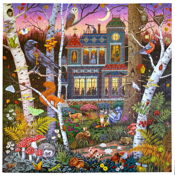 Colorful illustrated jigsaw puzzle of a house in a forest with animals and nature elements.
