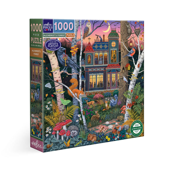 A 1000-piece jigsaw puzzle box titled 'Alchemist's Forest' by eeBoo. The box features a highly detailed, colorful illustration of a magical forest with a house, squirrels, birds, mushrooms, and a witch at a window under a full moon.