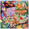 Colorful illustrated jigsaw puzzle with a house, animals, and autumn leaves