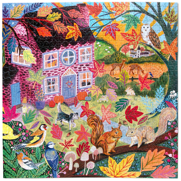 Colorful illustrated jigsaw puzzle with a house, animals, and autumn leaves
