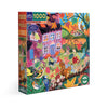 A 1000-piece jigsaw puzzle box by eeBoo featuring an autumn-themed illustration of a cottage surrounded by colorful fall foliage, squirrels, birds, and other wildlife.