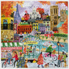 Colorful illustrated jigsaw puzzle of a Parisian scene with iconic landmarks and people.