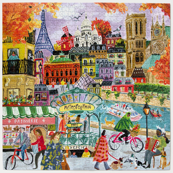 Colorful illustrated jigsaw puzzle of a Parisian scene with iconic landmarks and people.