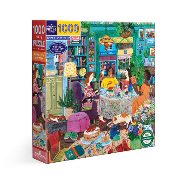 Puzzle box with a colorful illustration of a cozy café reading scene on a white background