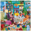 Colorful puzzle illustration of a cozy café scene with people and various objects.