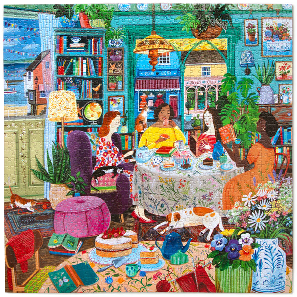 Colorful puzzle illustration of a cozy café scene with people and various objects.