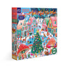 Jigsaw puzzle box with a festive North Pole village scene on a white background