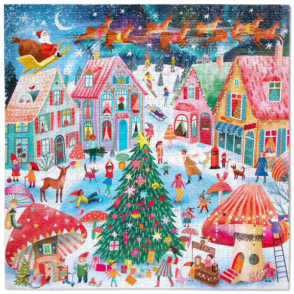 Colorful Christmas North Pole village scene jigsaw puzzle with Santa, reindeer, and festive houses.