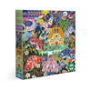 Colorful puzzle box with artistic moth and cottage design on a white background
