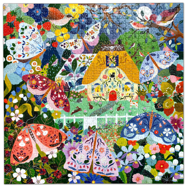 Colorful jigsaw puzzle with moths, flowers, and a house.