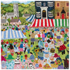 Colorful jigsaw puzzle with a market scene featuring people, stalls, and buildings.