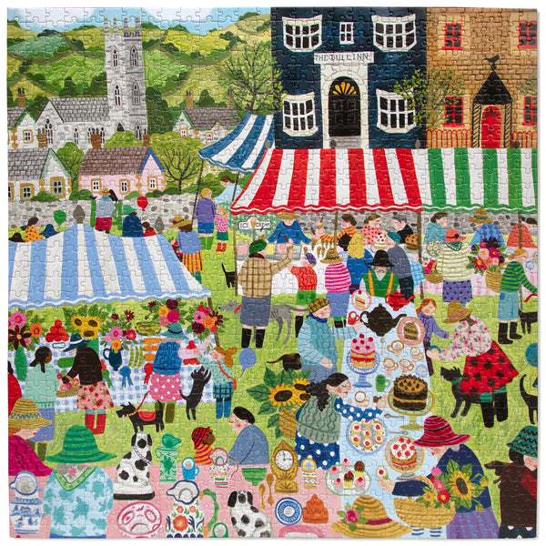 Colorful jigsaw puzzle with a market scene featuring people, stalls, and buildings.