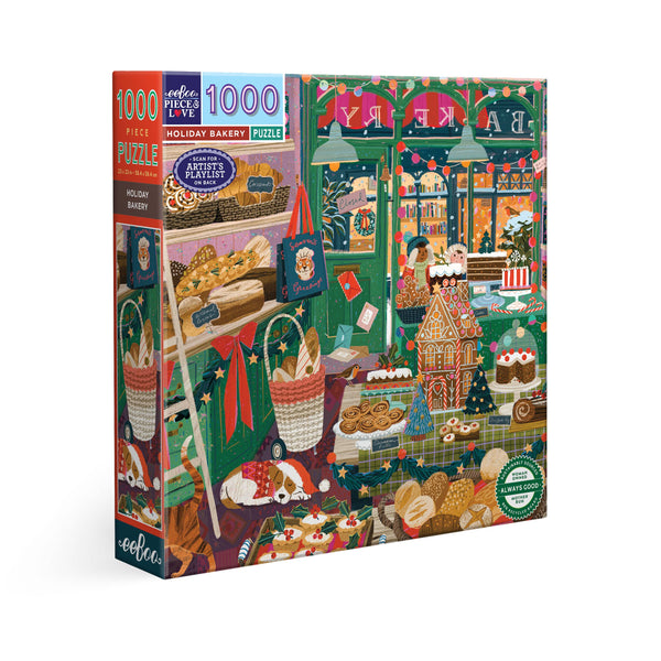 Jigsaw puzzle box with a festive bakery scene design on a white background