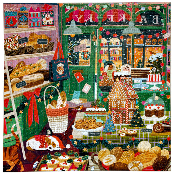 Colorful Christmas bakery-themed jigsaw puzzle with gingerbread house, cookies, and festive decorations.