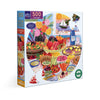 Puzzle box with colorful illustration of a Mediterranean table setting and food items.