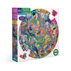 Round puzzle packaging with colorful birds and garden design and 'eeBoo' branding