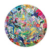 Round jigsaw puzzle with colorful birds and flowers on a white background