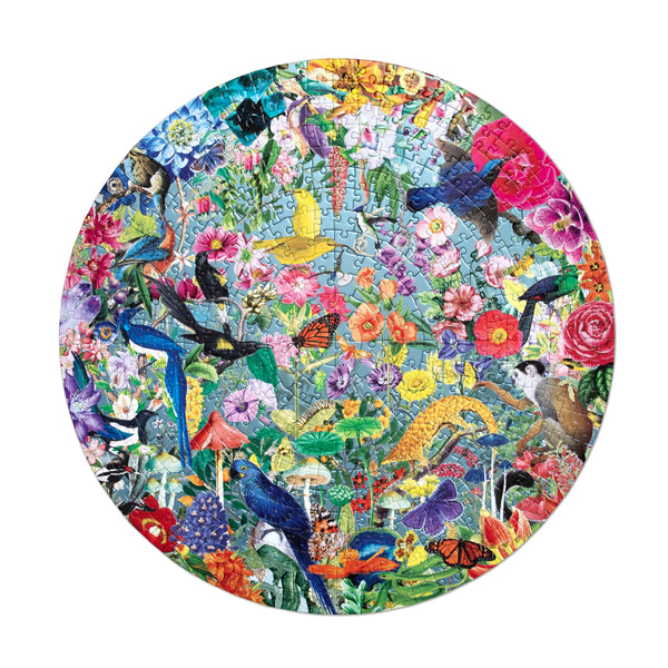 Round jigsaw puzzle with colorful birds and flowers on a white background