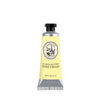 A tube of ElizabethW 'Verveine' 7% Shea Butter Hand Cream, featuring a pale yellow label with black text and a silver metallic squeeze body, topped with a black cap, set against a plain white background.