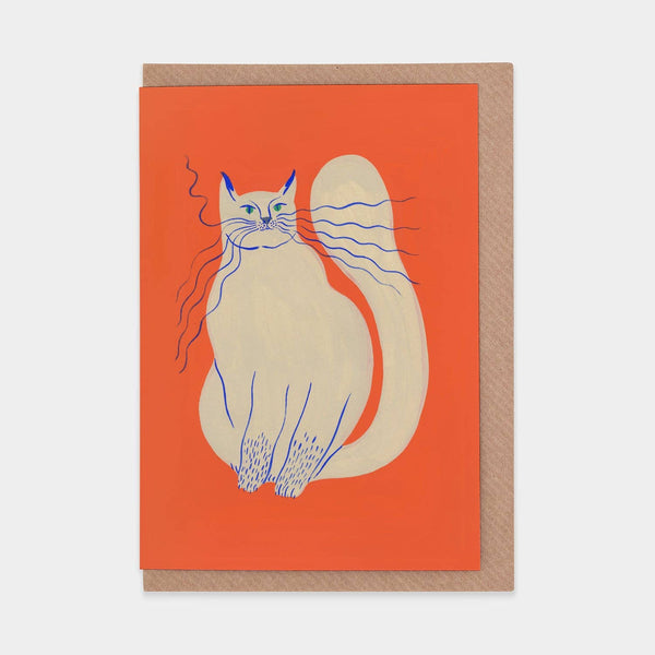 Card with a beige cat illustration on an orange background