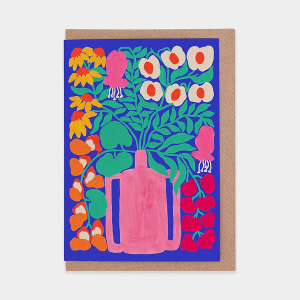 Colorful floral design on a greeting card with a blue background