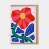 Greeting card with a red flower and blue leaves on a white background