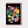 Colorful abstract drinks design on a black background with a brown envelope