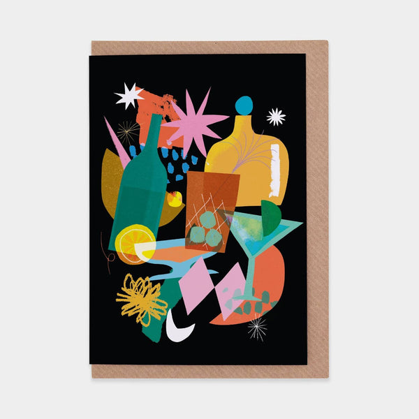 Colorful abstract drinks design on a black background with a brown envelope