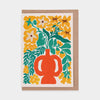 Greeting card with orange vase and yellow flowers on a white background