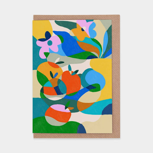 Colorful abstract fruit and floral print greeting card on a white background