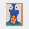 Greeting card with abstract design of two white birds holding a yellow and red polka dot egg.