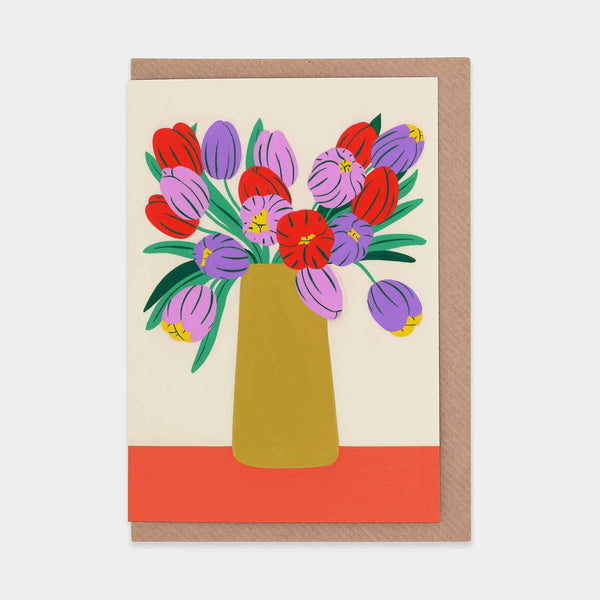 Card with a colorful illustration of flowers in a vase on a beige background