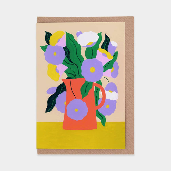 Greeting card with a colorful illustration of a red pitcher and flowers on a beige background