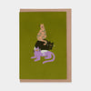 Greeting card with cartoon cats stacked on top of each other on a green background