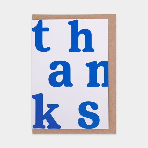 Card with 'thanks' in blue letters on a white background