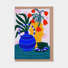 Greeting card with colorful vase and flower illustration on a white background