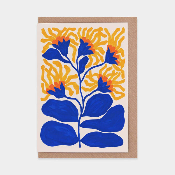 Greeting card with blue, orange, and yellow floral design on a white background