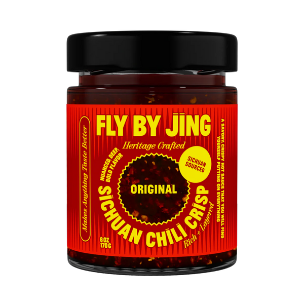 Jar of Fly By Jing Sichuan Chili Crisp on a white background