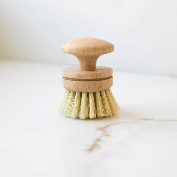 Wooden dish brush with sisal bristle head on a marble surface